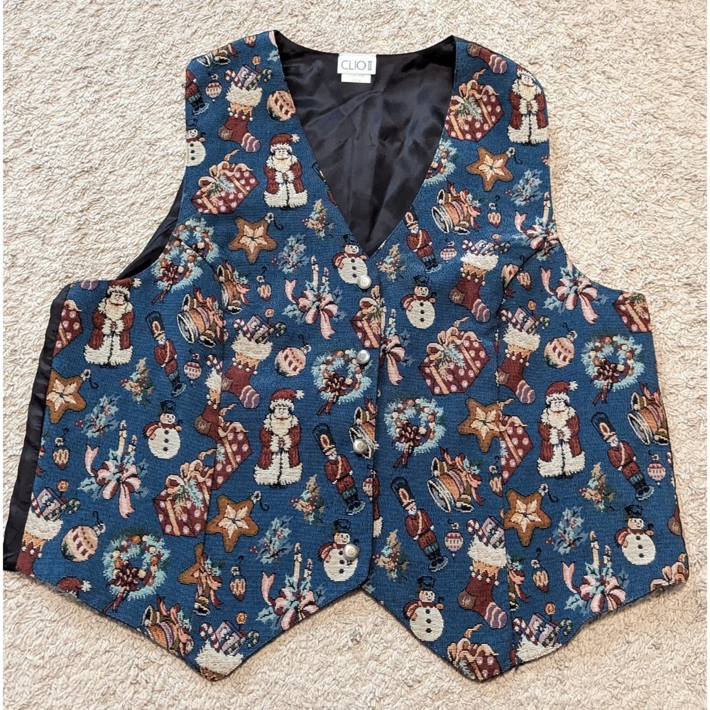 Vtg Clio II Christmas Holiday Vest Sz 2X Embroidered Tapestry Nutcracker Ugly